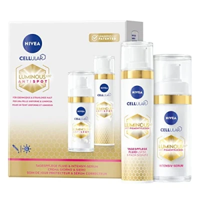Abbildung von NIVEA Cellular LUMINOUS 630® Tagespflege Fluid und Intensiv Serum Set, Anti Pigmentflecken Pflegeset, inklusive Aging Serum, Geschenkbox (1 x 40 ml, 1 30 ml)
