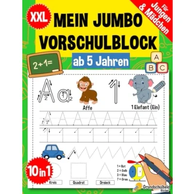 Abbildung von Mein Jumbo Vorschulblock: Spielend einfach Zahlen und Buchstaben lernen plus Schwungübungen A4 Vorschule Übungshefte ab 5 Jahre für Junge ... auch Kindergarten Schule, Band 1)