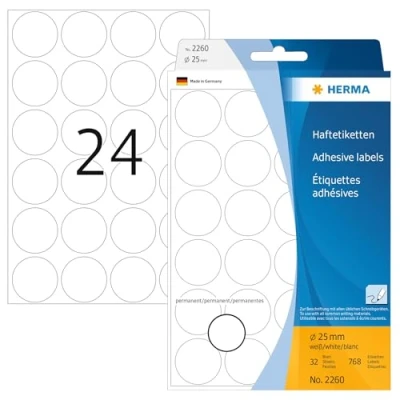 Abbildung von HERMA 2260 Punktaufkleber Klebepunkte weiß, 768 Stück, Ø 25 mm, 24 pro Bogen, selbstklebend, Markierungspunkte für Kalender Planer Basteln, matt, blanko Papier Farbpunkte Aufkleber