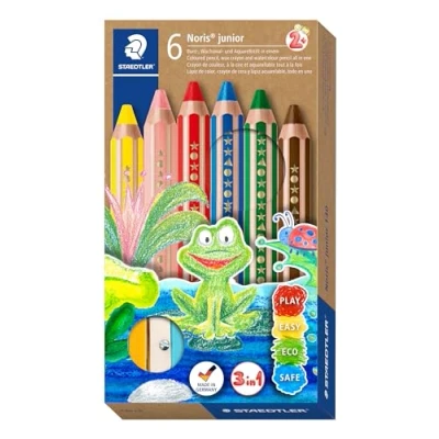 Abbildung von STAEDTLER 3in1 Buntstift Noris junior (Bunt , Wachsmal und Aquarellstift, extra bruchsicher, ideal für Kinder, viele Oberflächen, Kartonetui mit 6 Farben inkl. Spitzer), 140 C6