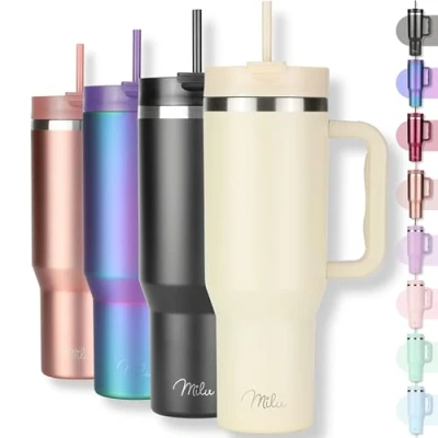 Abbildung von Milu Thermobecher 1200ml mit Strohhalm und Henkel 48h Eis/24h kalt/12h heiß Edelstahl Tumbler 40oz Griff Isolierbecher to go Isolierflasche Trinkflasche doppelwandig isoliert (Beige, 1,2L)