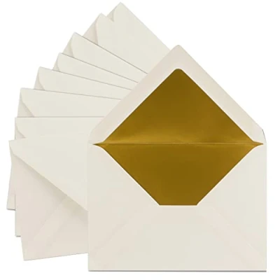Abbildung von 100x DIN C5 Kuverts 15,7 x 22,5 cm in natur weiß mit goldenem Seidenfutter Nassklebung Blanko Brief Umschläge Post ohne Fenster im Format Marke: FarbenFroh by GUSTAV NEUSER
