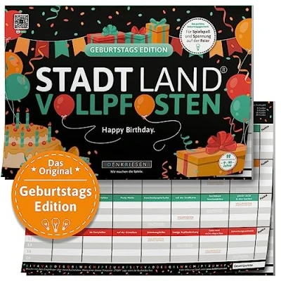 Abbildung von DENKRIESEN Stadt Land VOLLPFOSTEN® Geburtstags Edition Happy Birthday. Spielblock Geburtstagsgeschenk Familienspiel Fluss