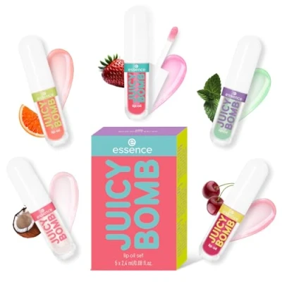 Abbildung von essence JUICY BOMB lip oil set 01, Lippenpflege, Mehrfarbig, acetonfrei, vegan, ohne Mikroplastikpartikel, glutenfrei, 1er Pack (5pcs)