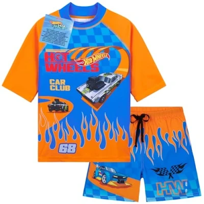 Abbildung von Get Trend Hot Wheels Schwimmanzug Kinder Badeanzug mit Badehose Jungen und Schwimmshirt Strand Urlaub Schwimmen (5 6 Jahre, Blau/Orange Wheels)