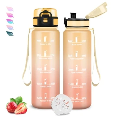 Abbildung von Trinkflasche 1l, Sport, Wasserflasche Auslaufsicher, mit Zeitmarkierung, Leicht zu Tragen und Reinigen, Flasche für Fitness, Schule, Büro, Fahhrad, Erwachsene, Gym