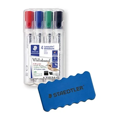 Abbildung von Staedtler Lumocolor Whiteboard Marker Set mit 4 Farben, Keilspitze (4 Stück + Löscher)