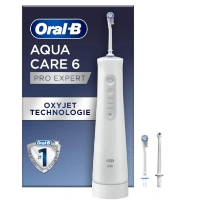 Abbildung von Oral B AquaCare 6 Kabellose Munddusche, 3 Ersatzdüsen, Zahnzwischenraumreiniger, sanfte Zahnreinigung &amp; gesündes Zahnfleisch, Oxyjet Technologie, Modi für Zahnpflege, Geschenk Mann/Frau, weiß/grau