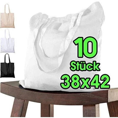 Abbildung von ELES VIDA Baumwolltaschen weiss Stofftasche (10 Stück in 38x42) Das ORIGINAL ÖKO TEX® geprüfte QUALITÄTSWARE, Lange Henkel, Tragetasche, Jutebeutel, Stoffbeutel, Einkaufstasche 100% Baumwolle