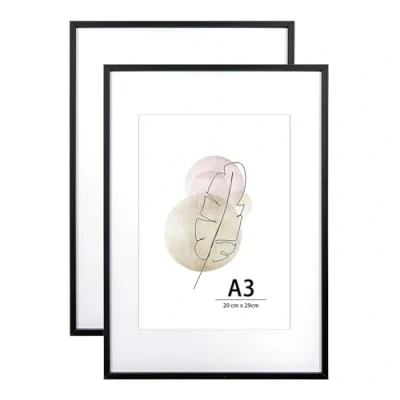 Abbildung von KAIWIN Bilderrahmen A3 Schwarz Holz Fotorahmen 2er Set Holzrrahmen mit Passepartout zum aufhängen Benutzt für Wohnzimmer, Schlafzimmer, Arbeitszimmer, Fotos, Kunstwerke und Poster