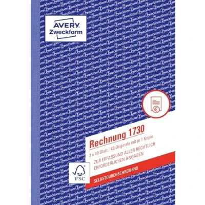 Abbildung von AVERY Zweckform 1730 Rechnung (A5, 2x40 Blatt, selbstdurchschreibend mit farbigem Durchschlag, Netto und Bruttobetrag, MwSt. uvm., zur Erfassung aller rechtlich erforderlichen Angaben) weiß/gelb