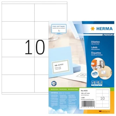 Abbildung von HERMA 4425 Universal Etiketten, 100 Blatt, 105 x 57 mm, 10 pro A4 Bogen, 1000 Stück, selbstklebend, bedruckbar, matt, blanko Papier Klebeetiketten Aufkleber, weiß