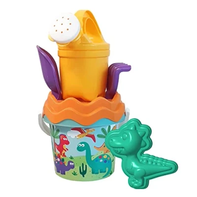 Abbildung von Dino Baby Eimergarnitur, Sandspielzeug, 6 Teile, Eimer, Sieb, Sandform, Schaufel, Rechen, Gießer, 11cm, D:14cm, ab 10 Monate