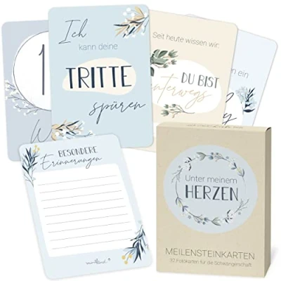 Abbildung von Mintkind ® Meilensteinkarten Schwangerschaft Wundervolle Geschenkideen für werdende Mütter verkünden 32 im Set zauberhafte Babybauch Fotos (Blumen Blau)