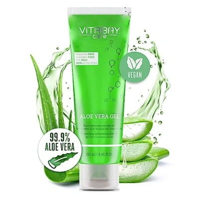 Abbildung von Vitabay Aloe Vera Gel 100 Prozent (99.9%) 250ml After Sun Lotion Gesicht Sonnenbrand Gesichtscreme Herren Naturkosmetik Saft Salbe Feuchtigkeitscreme Männer