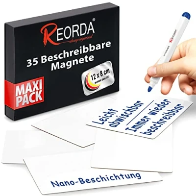 Abbildung von Reorda® Magnetstreifen beschreibbar 35 Stück wiederbeschreibbar 12 x 8 cm Weiß Beschreibbare Magnete für Whiteboard, Kanban, Magnettafel Beschriftbare den Kühlschrank