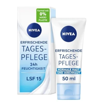 Abbildung von NIVEA Erfrischende Tagespflege 24h Feuchtigkeit (50 ml), Gesichtscreme für normale und Mischhaut mit LSF 15, feuchtigkeitsspendende Tagescreme Vitamin E