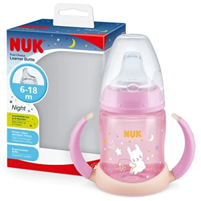 Abbildung von NUK First Choice Trinklernflasche mit Leuchteffekt, 6 18 Monate, 150 ml, Anti Colic Ventil, auslaufsicherer Trinkschnabel, Ergonomische Griffe, BPA frei, Hase (pink), 1 Stück (1er Pack), 10215373