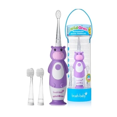 Abbildung von Brush Baby WildOnes Kinder Elektrische Wiederaufladbare Zahnbürste, 1 Griff, 3 Bürstenköpfe, USB Ladekabel, für Alter 0 10 (Nilpferd)