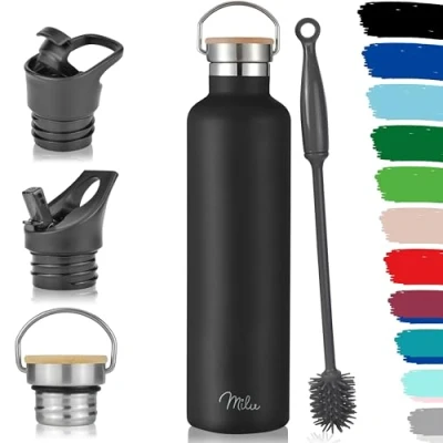 Abbildung von Milu Edelstahl Trinkflasche 350ml 500ml 750ml 1000ml (+3 Deckel) Thermosflasche mit Strohhalm, Isolierte Wasserflasche Auslaufsichere Isolierflasche doppelwandig, Kohlensäure geeignet (Schwarz 1000ml)