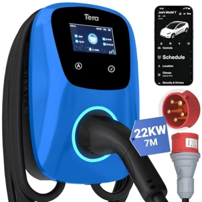 Abbildung von Tera EV Ladegerät Smart APP: 32A Typ 2 22kW oder 11kW Heim Ladestation 400V CE &amp; TÜV Wallbox 7m Ladekabel mit Ladegerätehalter App Steuerung CEE 3 Phasen Stecker für Alle EVs und PHEVs W01 Blau
