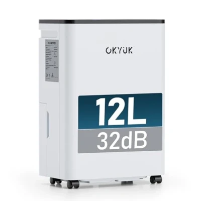 Abbildung von OKYUK Luftentfeuchter Elektrisch 12L mit Digitaler Luftfeuchtigkeitsanzeige, für Zuhause 60m² automatischer Abschaltung, ideal Wohnmobil, Badezimmer, Schlafzimmer,Keller