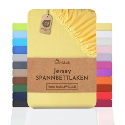 Abbildung von NatureMark Jersey Spannbettlaken, Spannbetttuch 100% Baumwolle in vielen Größen und Farben MARKENQUALITÄT ÖKOTEX Standard 100 180 x 200 cm gelb