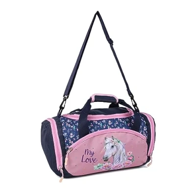 Abbildung von Umhängetasche Sporttasche für Mädchen Kinder Reisetasche mit Pferd Pony Motiv 14,2 Liter 35 x 22 18,5 cm, blau/rosa