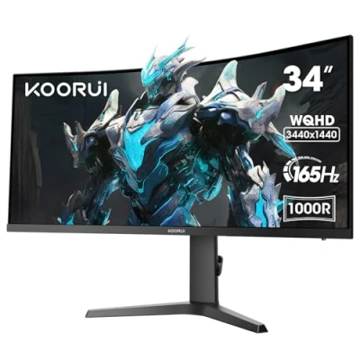 Abbildung von KOORUI 34 Zoll Ultrawide Curved Gaming Monitor, PC Bildschirm 165Hz, 1MS, 1000R, WQHD 3440x1440, VA, Adaptive Sync, 2xHDMI 100Hz &amp; Display Port VESA 75 * 75mm, DCI P3 90%, Höhenverstellbar