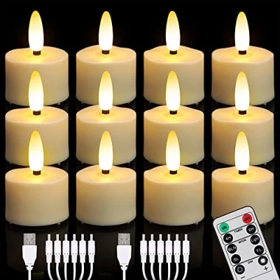 Abbildung von FREEPOWER 12er Wiederaufladbare LED Teelichter mit Fernbedienung Timer Flackern Warmweiß Dimmbar Elektrische Aufladbare Kerzen 2 USB Kabel, Halloween Weihnachten Home Deko, Ø4 x 5.5cm