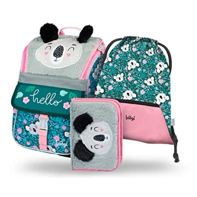 Abbildung von Baagl Schulranzen Jungen Set 3 Teilig, Ergo Schultasche für 1. Klasse, Ergonomische Grundschule Ranzen Tornister mit Brustgurt (Drache)