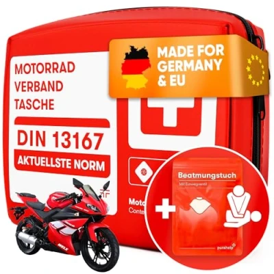 Abbildung von PURAHELP Motorrad Verbandskasten nach aktueller Norm 2024 DIN 13167 (StVO konform) Inkl. Beatmungstuch Erste Hilfe Set Mini Klein