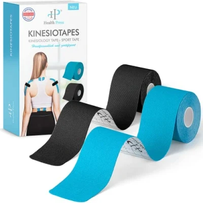 Abbildung von Health Press® Kinesiotapes 2 Kinesiologie Tape Rollen Blau + Schwarz (5cm x 5m) Kinesiotape Profi Physio und Sporttape Hautfreundliche Tapes DERMATEST: SEHR GUT