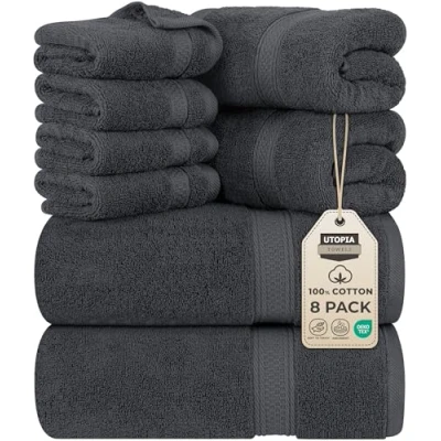 Abbildung von Utopia Towels 8 teilig Handtücher Set aus Baumwolle mit Aufhänger 2 Badetuch, und 4 Washclappen (Grau)