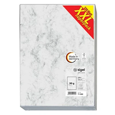 Abbildung von SIGEL T1080 Hochwertiges Marmor Papier A4 grau (250 Blatt, 90 g) beidseitig marmoriert, Briefpapier, Speisekarte, XXL Superpack wie DP371