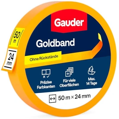 Abbildung von GAUDER Goldband aus Premium Washi Tape für präzise Farbkanten Rückstandsfreies Malerkrepp, Profi Kreppband und Abdeckband Malerband zum Streichen Lackieren (1 Rolle 24 mm x 50 m)