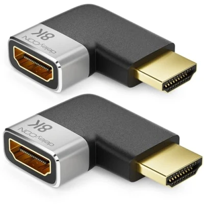 Abbildung von deleyCON 2 Stück HDMI Adapter Kupplung Verbinder 8K@60Hz / 4K@120Hz UHD 7680x4320 Aluminium 2.1 ARC HDR10+ Dolby Vision VRR ALLM 48Gbps Links Gewinkelt Grau Schwarz