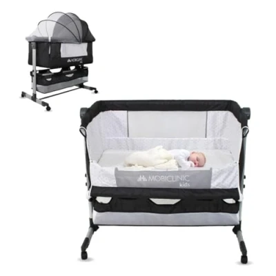 Abbildung von Mobiclinic® Kids, 3 in 1 Kinderbett, Night, Wiege, Verstellbares beistellbett, Höhenverstellbar Stufen, Bis zu 20 kg, Räder 360º, Moskitonetz, Aufbewahrungskorb