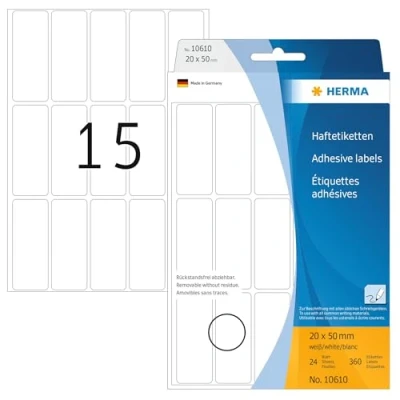 Abbildung von HERMA 10610 Vielzweck Etiketten ablösbar, 360 Stück, 20 x 50 mm, 15 pro Bogen, selbstklebend, Haushaltsetiketten zum Beschriften, matt, blanko Papier Klebeetiketten Aufkleber, weiß