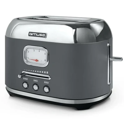 Abbildung von Muse Edelstahl toaster im grauen retro Design, analoge Anzeige, beleuchtete Tasten, 6 Bräunungsstufen, 2 Scheiben, MS 120 DG, Vintage Look, mit Krümelschublade