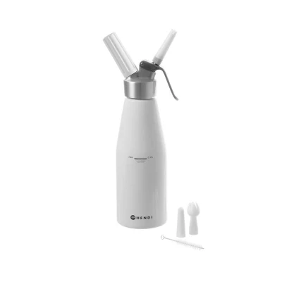 Abbildung von HENDI Sahnespender 250 ml Aluminium inkl. 3 Polypropylen Spritztüllen + Reinigungsbürste ø 8 x 26 cm, Gastro Sahnesyphon weiß Schlagsahne