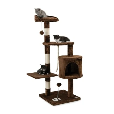 Abbildung von lionto Kratzbaum für Katzen mit 2 Plüschbällen &amp; Spielseil, Höhe 112 cm, Katzenbaum Sisalseil Plüsch, gemütliche Liegefläche Höhle, inkl. Wandhalterung, kleine große Katzen, braun