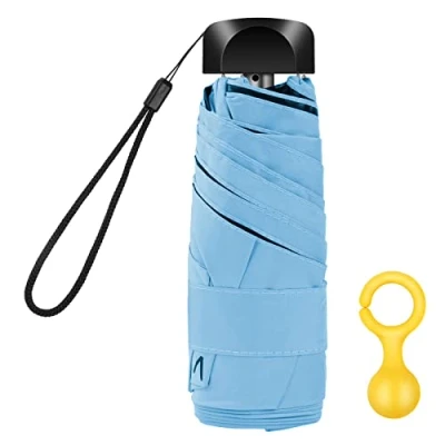 Abbildung von Vicloon Mini Regenschirm, Taschenschirme mit Regenschirmhaken, 6 Rippen, Aluminium Schirmständer, Sonnenschutz Regenschirm Im Freien UV Faltender Goldener Griff, Leicht Kompakt Blau