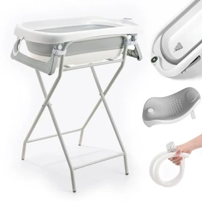 Abbildung von Faltbare Babywanne mit Gestell XXL Baby Badewanne Ständer, Thermometer 2.0, Badesitz &amp; Ablaufsystem Perfekt für die Dusche Ab Geburt bis 3 Jahre Ideal als Geschenk