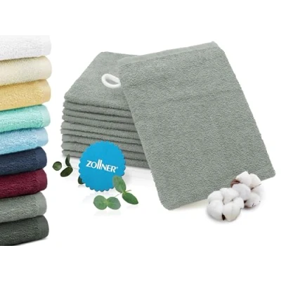 Abbildung von ZOLLNER 10er Set Waschhandschuhe in 16x21 cm saugstarke und weiche Waschlappen hellgrau mit praktischem Aufhänger waschbar bis 60C Baumwolle Hotelqualität