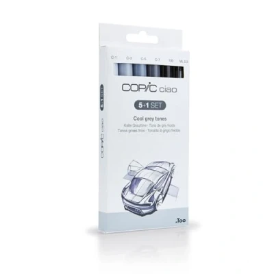 Abbildung von COPIC Ciao 5+1 Set &quot;Cold Grey Tones&quot;, 5 Twin Marker mit einer mittelbreiten und Brush Spitze, inkl. Multiliner Black 0,3 mm