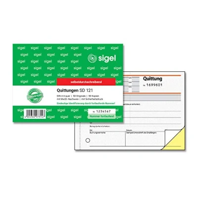 Abbildung von SIGEL SD121 Quittungsblock fortlaufend nummeriert, eindeutige 7stellige Nummer, A6 quer, 2x50 Blatt, selbstdurchschreibend, aus nachhaltigem Papier