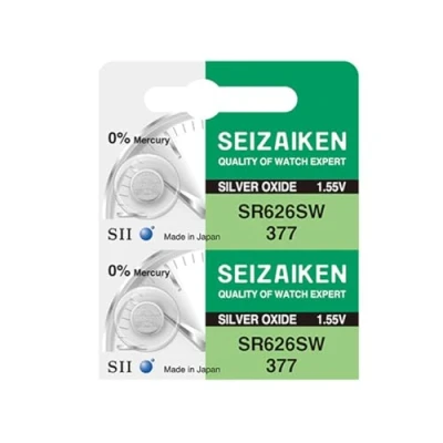 Abbildung von Seizaiken Seiko 377 SR626SW Uhrenbatterie, 1,55 V, 0 % Hg, Silberoxid, 2 Batterien, hergestellt in Japan