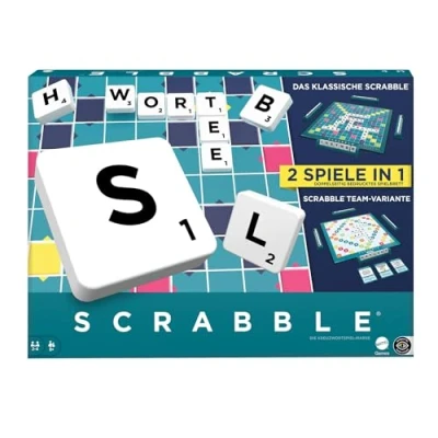 Abbildung von MATTEL GAMES Scrabble Zwei in Eins Doppelseitiges Brettspiel für schnelles, zwangloses und kooperatives Spiel, inklusive 50 Zielkarten Together, einfache Punktevergabe, HWD45
