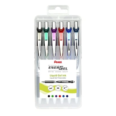 Abbildung von Pentel BL77 6 EnerGel Gel Tintenroller mit Druckmechanik, 0,7 mm Kugeldurchmesser = 0,35 Strichstärke, nachfüllbar, aufstellbare Kunststoff Box, Inhalt Stück, farblich sortiert, 12 Farben